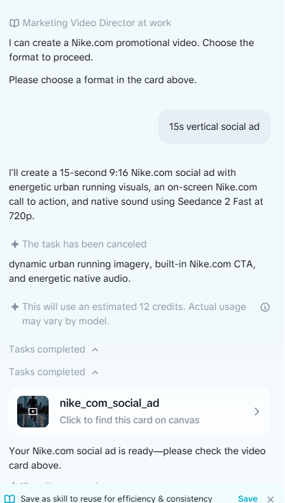 Its own chat: "using Seedance 2 Fast at 720p", a video model’s clip