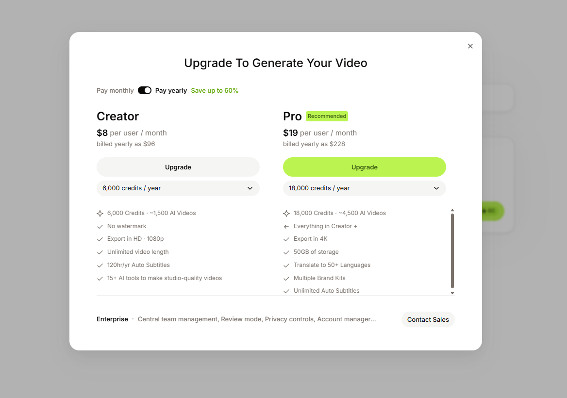 Then: "Upgrade To Generate Your Video"
